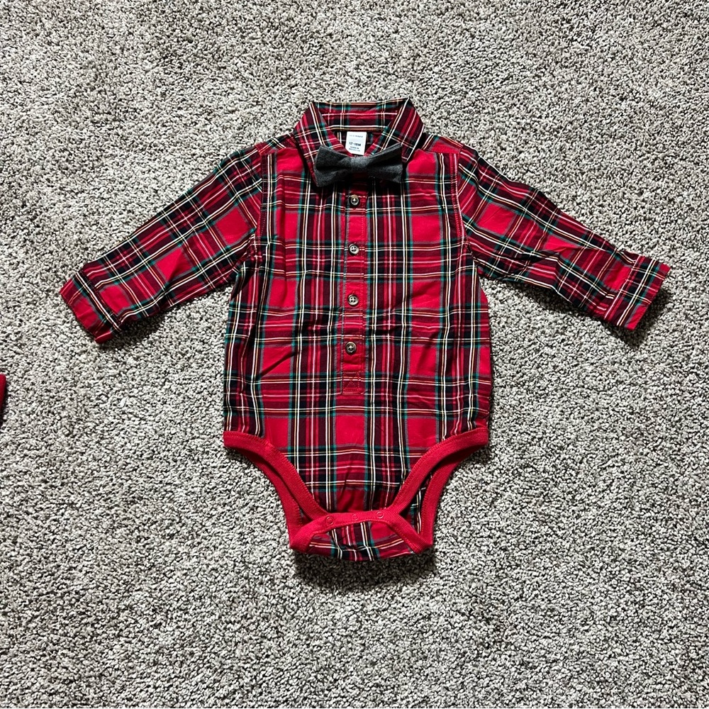 Old Navy Button Up Long Sleeve bodysuit 12-18 months red Plaid Bow Tie